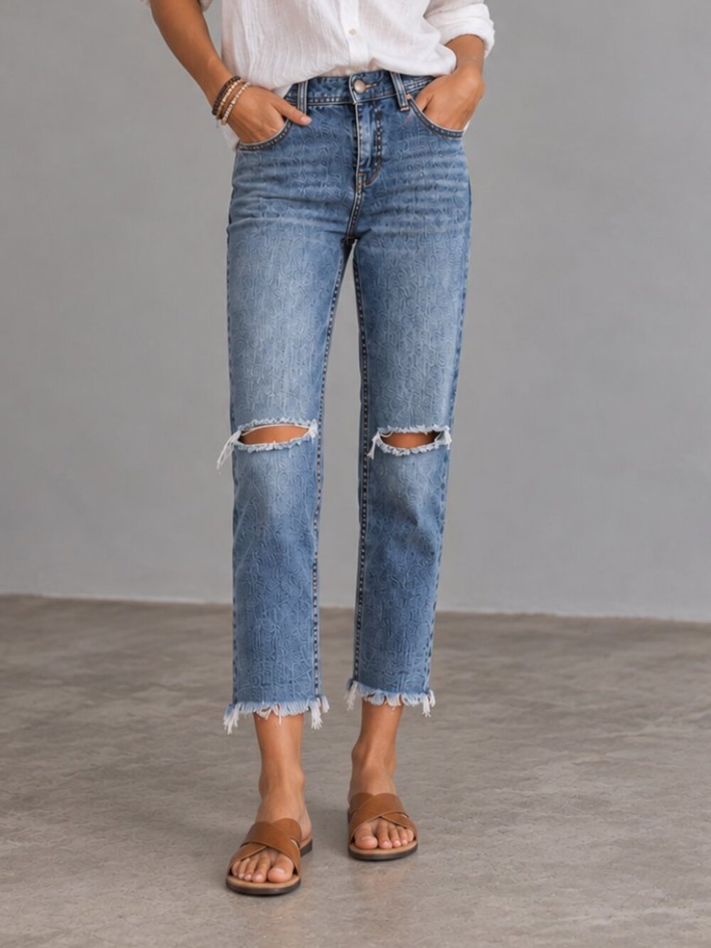 FREE PEOPLE Busted Knee Skinny Crop Stretch Jeans Medium Wash Fray Hem 27 GUC
